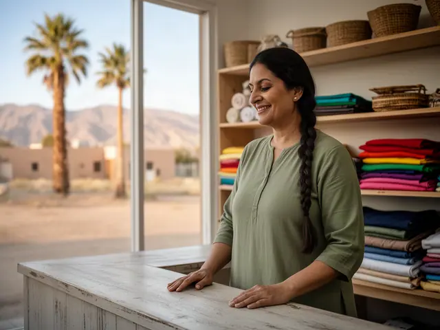 A shop owner behind the counter of a small fabric and textile shop.